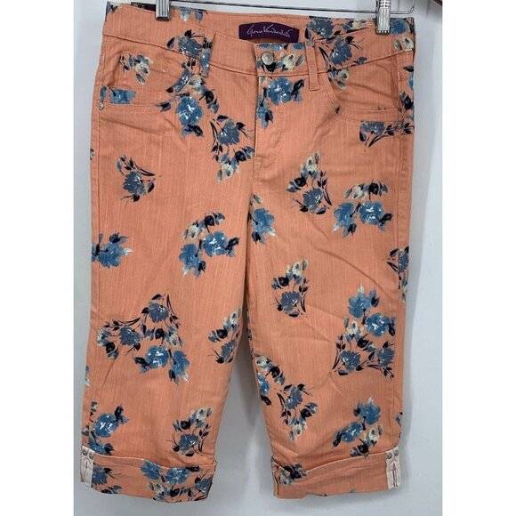 Gloria Vanderbilt Pants Size 6 Coral Floral Capri Cuffed Button Logo Women New - Picture 1 of 10